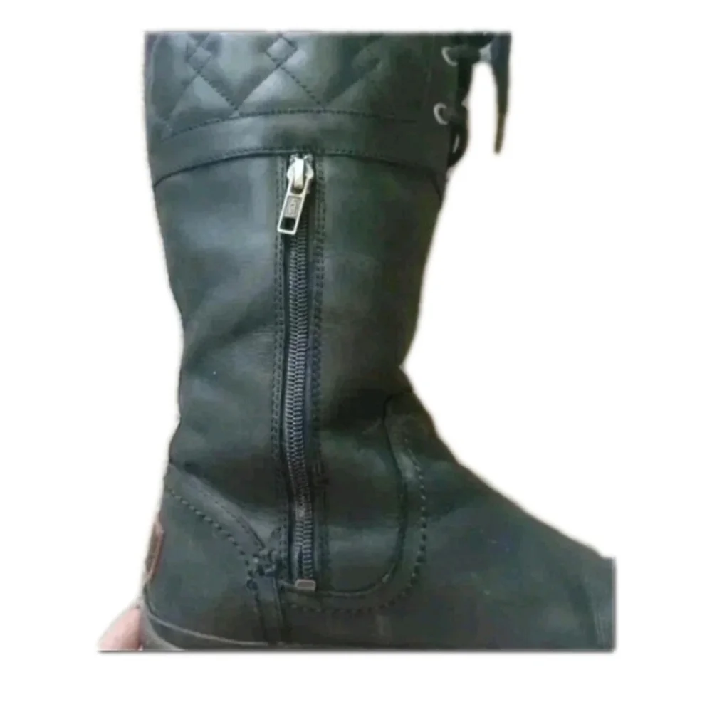 Ugg Womens Black Leather Elsa Deco Quilt Knee High Waterproof Winter Boot 8